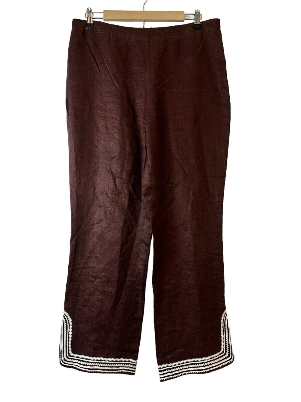 Escada Pants Women's 42 US Large 12 Brown 100% Linen Wide Leg Embroidered